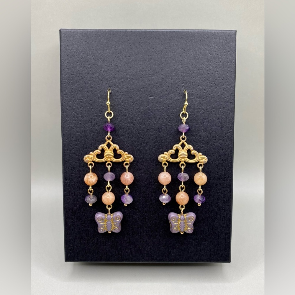 🦋💜Amethyst Sunstone Czech Glass Butterfly Earrings
